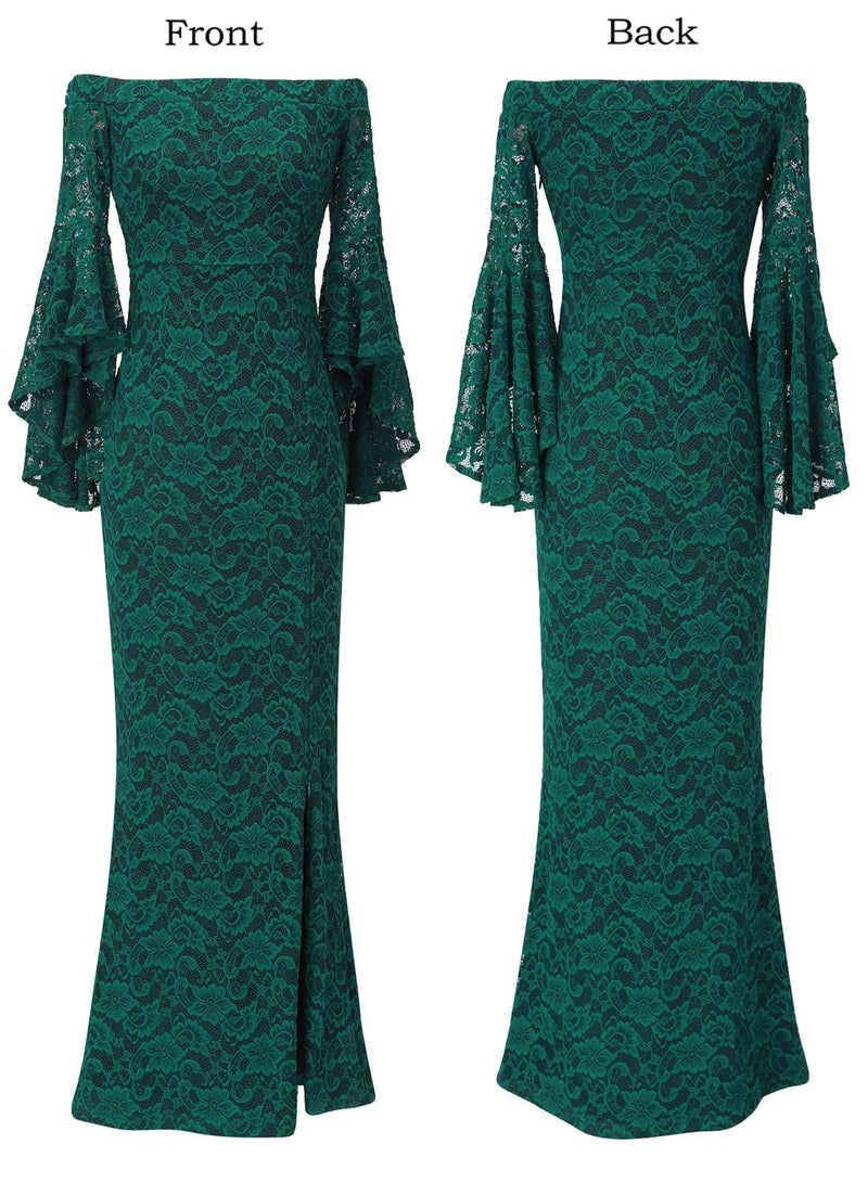 VFSHOW Womens Floral Lace Off Shoulder Bell Sleeve Formal Evening Maxi Dress 1810 GRN M - Image 3